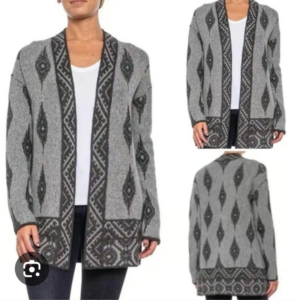 Lucky Brand Aztec Long Open Cardigan Sweater Size L Gray